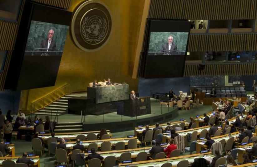 Iranian Foreign Minister Mohammad Javad Zarif addresses the Opening Meeting of the 2015 Review Conference of the Parties to the Treaty on the Non-Proliferation of Nuclear Weapons (NPT) at United Nations headquarters in New York, April 27 (photo credit: REUTERS)