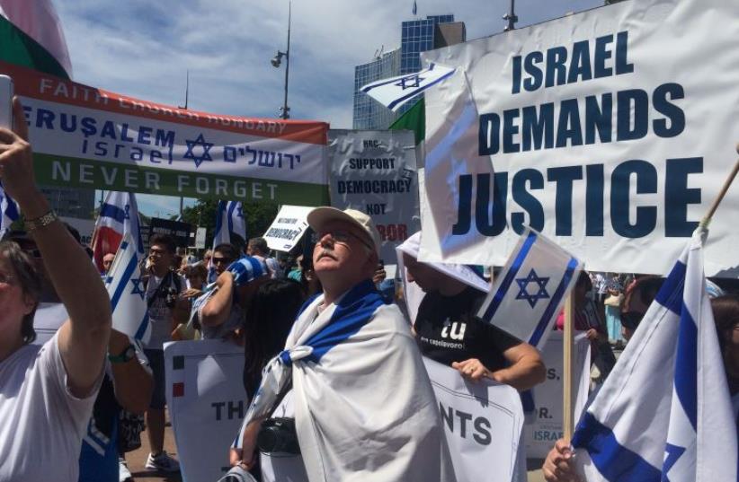 Pro Israel rally outside UNHRC in Geneva‏ (photo credit: SAM SOKOL)