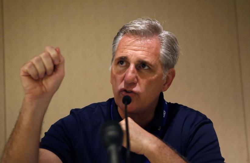 US House of Representatives' majority leader Kevin Owen McCarthy speaks during a meeting at the King David Hotel in Jerusalem on August 13, 2015. (photo credit: AFP PHOTO / GALI TIBBON)