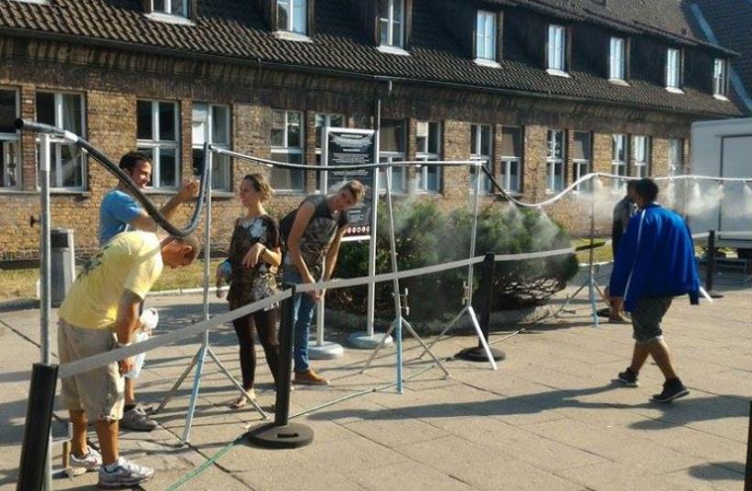 "Showers" placed at Auschwitz entrance (photo credit: MEIR BULKA)