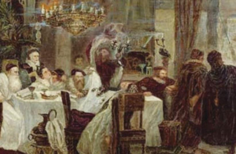 A painting by Moshe Maimon of a Passover Seder held by Marranos, or secret Jews, in Spain during the time of the Inquisition (photo credit: Wikimedia Commons)