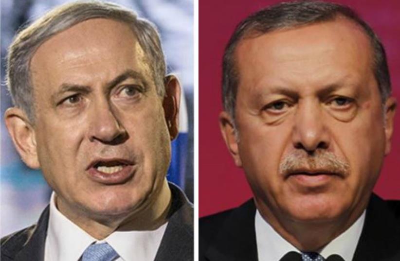 Israeli Prime Minister Benjamin Netanyahu and Turkish President Recep Tayyip Erdoğan  (photo credit: GERARD FOUET / AFP)