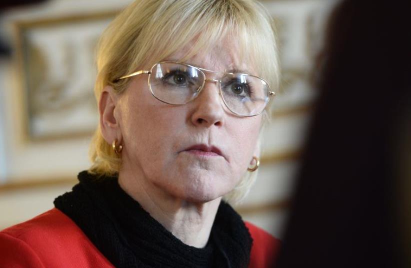 Swedish Foreign Minister Margot Wallstrom gestures during an interview with Swedish TT News Agency at the Ministry of Foreign Affairs in central Stockholm, Sweden, on March 11, 2015 (photo credit: CLAUDIO BRESCIANI / TT NEWS AGENCY / AFP)