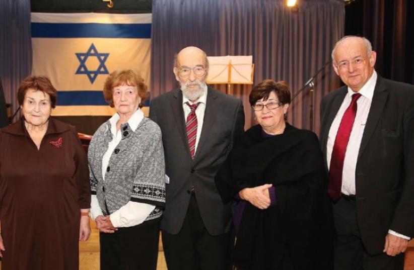 AT THE commemoration ceremony are, from left, Aachen Mayor Marcel Philipp, survivors Evelina Merowa (who lives in Prague), Dita Kraus (who lives in Netanya) and Hans Gaertner (Prague), Rachel Masel (Fredy Hirsch’s niece, who lives in Kiryat Ono) and Aachen Jewish Community chairman Dr. Robert Neugrö (photo credit: COURTESY CITY OF AACHEN)