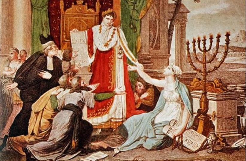 An 1806 French print depicts Napoleon Bonaparte emancipating the Jews (photo credit: Wikimedia Commons)