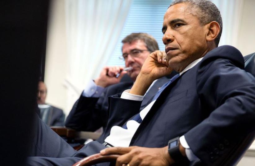 US President Barack Obama (R) and Defense Secretary Ash Carter meet at the Pentagon (photo credit: OFFICIAL WHITE HOUSE PHOTO / PETE SOUZA)