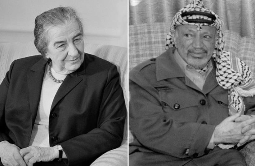 Golda Meir and Yasser Arafat (photo credit: REUTERS,Wikimedia Commons)