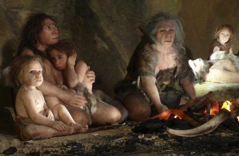 An exhibit shows the life of a neanderthal family in a cave in the new Neanderthal Museum in the northern town of Krapina  (photo credit: REUTERS)