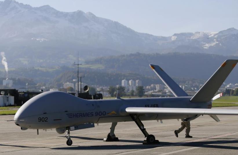 Israel’s Elbit defense contractor is aiming to supply at least 20 systems of its Hermes 450 and Hermes 900 drones, seen here during a presentation at a Swiss airbase (photo credit: REUTERS)