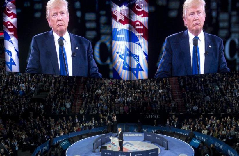 US Republican presidential candidate Donald Trump at the American Israel Public Affairs Committee (AIPAC) 2016 Policy Conference (photo credit: SAUL LOEB / AFP)