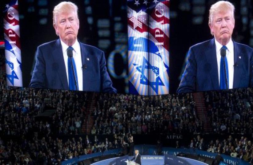 US Republican presidential candidate Donald Trump at the American Israel Public Affairs Committee (AIPAC) 2016 Policy Conference (photo credit: SAUL LOEB / AFP)