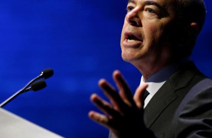 Alejandro Mayorkas, US Deputy Secretary of Homeland Security gestures as he speaks during the annual Cyberweek conference at Tel Aviv University, Israel June 20, 2016. (photo credit: REUTERS)