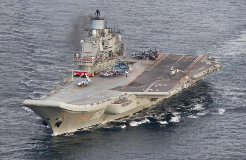 Russian aircraft carrier Admiral Kuznetsov in international waters off the coast of Northern Norway. (photo credit: NORSK TELEGRAMBYRA AS/REUTERS)