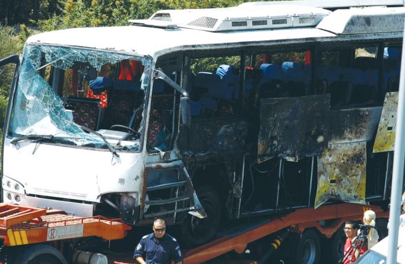 Terrorists attackted this bus in Burgas on July 18, 2012, killing five Israeli vacationers and their Bulgarian driver and wounding 32 others. (photo credit: REUTERS)