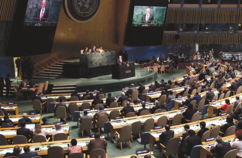 PETER THOMSON, permanent representative of Fiji to the United Nations, addresses the UN General Assembly earlier this year. (photo credit: REUTERS)