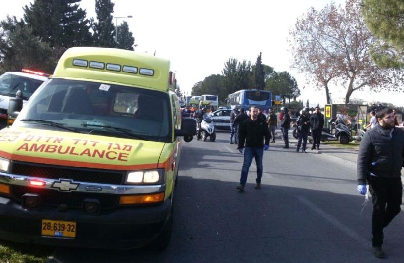 Scene of suspected ramming terror attack in Jerusalem, January 8, 2017 (photo credit: MAGEN DAVID ADOM)