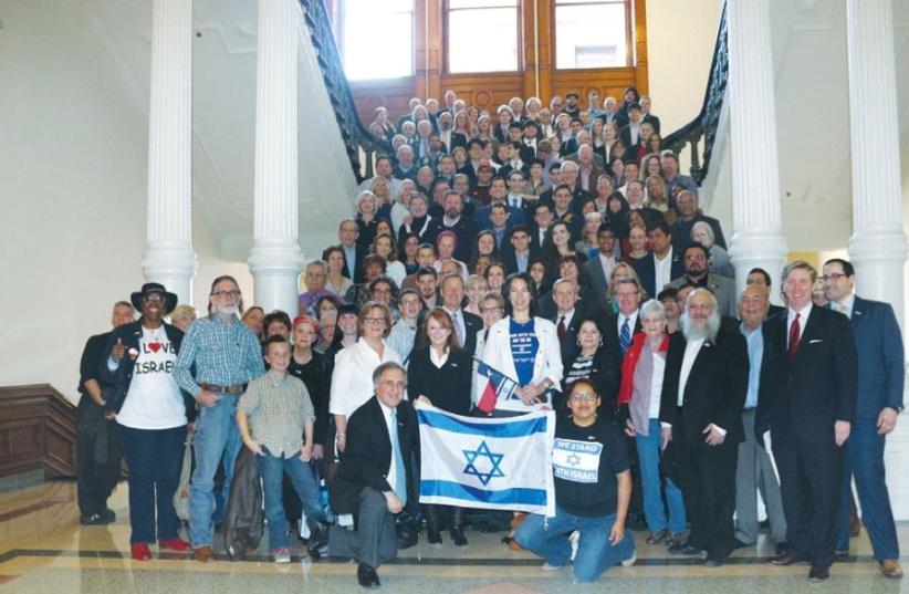 PEOPLE GATHER at the Texas State Capitol on Thursday to lobby on behalf of an anti-BDS bill that supporters believe will strengthen the state’s economic ties with Israel. (photo credit: KATHERINE KEENAN)