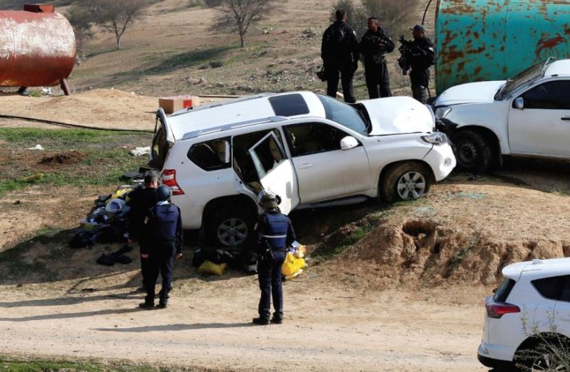 THE CAR DRIVEN by Beduin teacher Yacoub Abu al-Kaeean is seen where it ran into policemen during the fatal January 18 demolition operation in the Negev village of Umm al-Hiran. (photo credit: REUTERS)