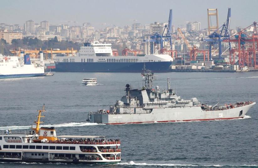 THE RUSSIAN Navy’s landing ship ‘Caesar Kunikov’ sails in the Bosphorus near Istanbul earlier this month on its way to the Mediterranean Sea. (photo credit: REUTERS)