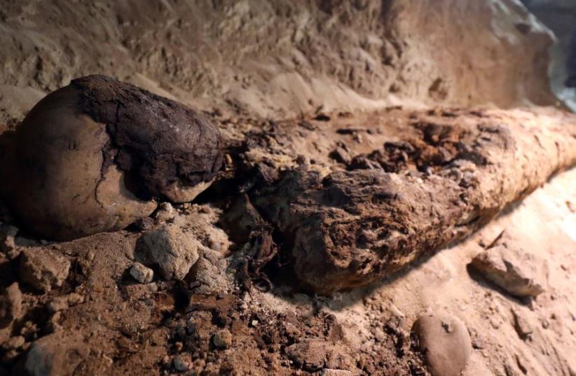 A mummy is seen inside the newly discovered burial site in Minya, Egypt May 13, 2017 (photo credit: REUTERS/MOHAMED ABD EL GHANY)