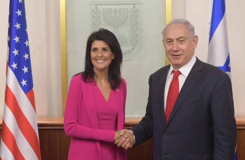 US Ambassador to the UN Nikki Haley meets with Prime Minister Benjamin Netanyahu in Jerusalem (photo credit: AMOS BEN GERSHOM, GPO)