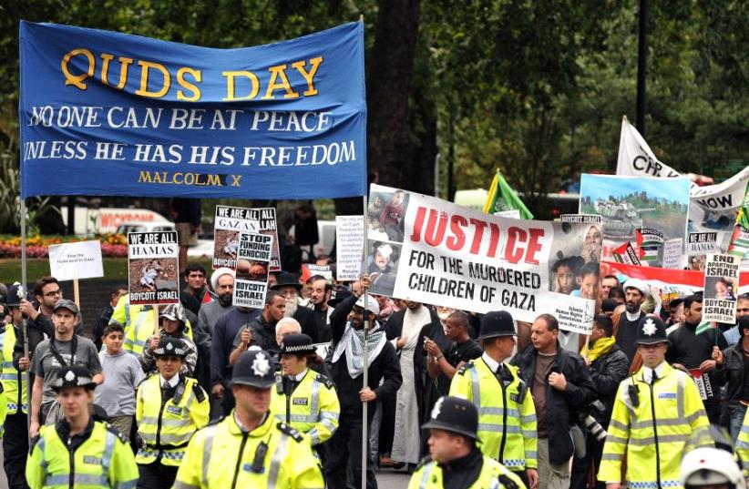 An Al Quds demonstration against Israel, marches through London on September 13, 2009 (photo credit: CARL DE SOUZA/AFP)