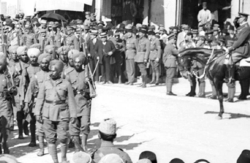 General Allenby on his horse saluting the Indian troops outside of Jerusalem’s Jaffa Gate on December 11, 1917 (photo credit: LIBRARY OF CONGRESS)