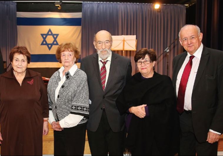 AT THE commemoration ceremony are, from left, Aachen Mayor Marcel Philipp, survivors Evelina Merowa (who lives in Prague), Dita Kraus (who lives in Netanya) and Hans Gaertner (Prague), Rachel Masel (Fredy Hirsch’s niece, who lives in Kiryat Ono) and Aachen Jewish Community chairman Dr. Robert Neugrö (credit: COURTESY CITY OF AACHEN)