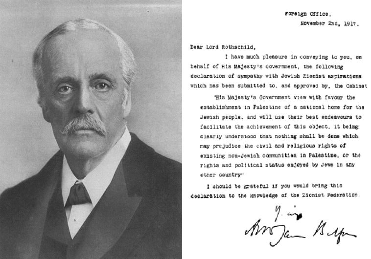 Lord Arthur James Balfour and the text of the Balfour Declaration (credit: WIKIMEDIA)