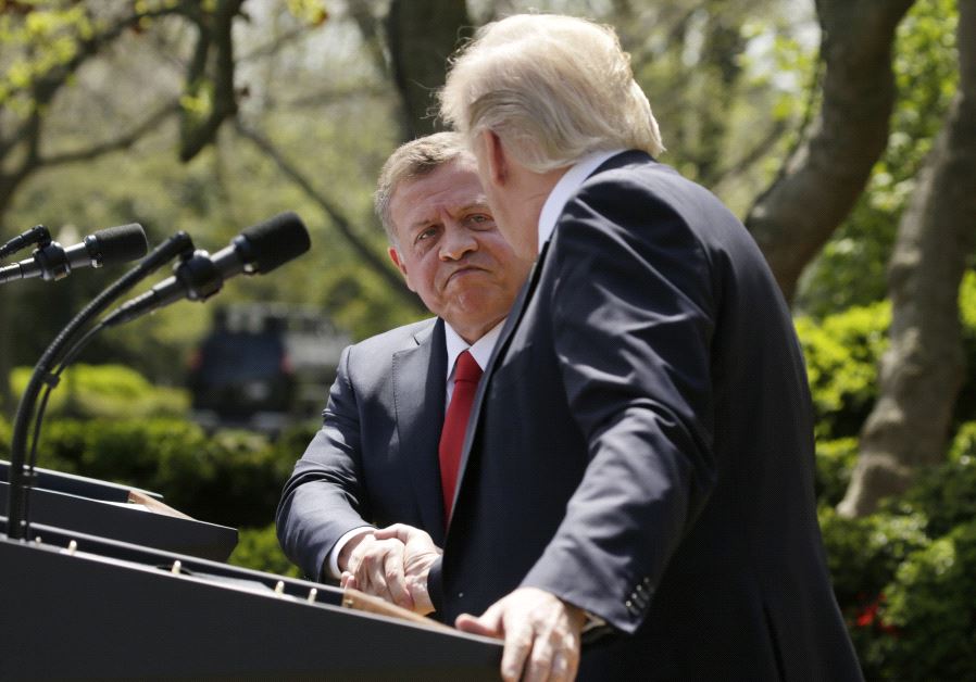 US President Trump greets Jordan's King Abdullah II during joint news conference at the White House (credit: REUTERS)