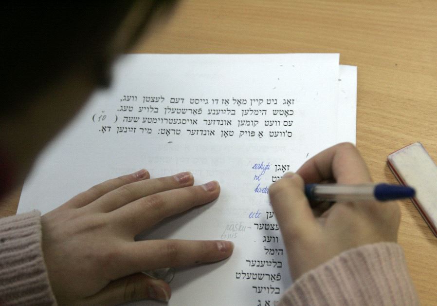 A secondary school student learns Yiddish during a lesson of Jewish history and culture at Solomo Aleichemo Jewish school in Vilnius, Lithuania (credit: REUTERS/INTS KALNINS)