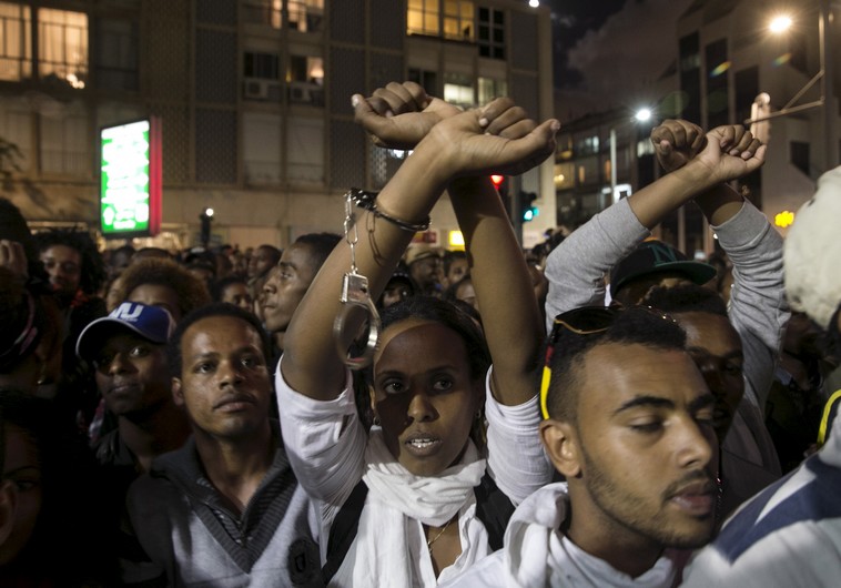 Ethiopian Israelis take part in a protest in Tel Aviv on May 3 against police racism and brutality