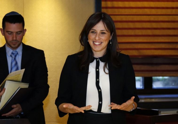 Deputy Foreign Minister Tzipi Hotovely (R) waits for European Union foreign policy chief Federica Mogherini ahead of a meeting at King David Hotel