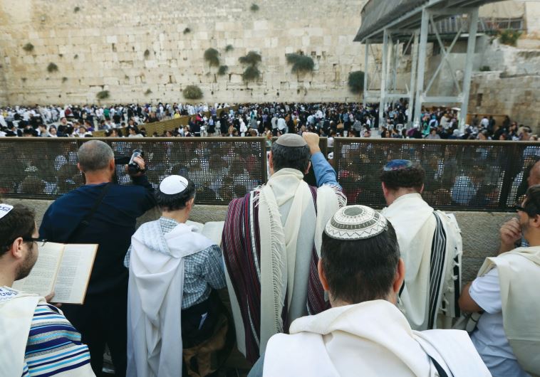 Men of the Women of the Wall pray behind the partition at the back of the women’s section, in 2013.