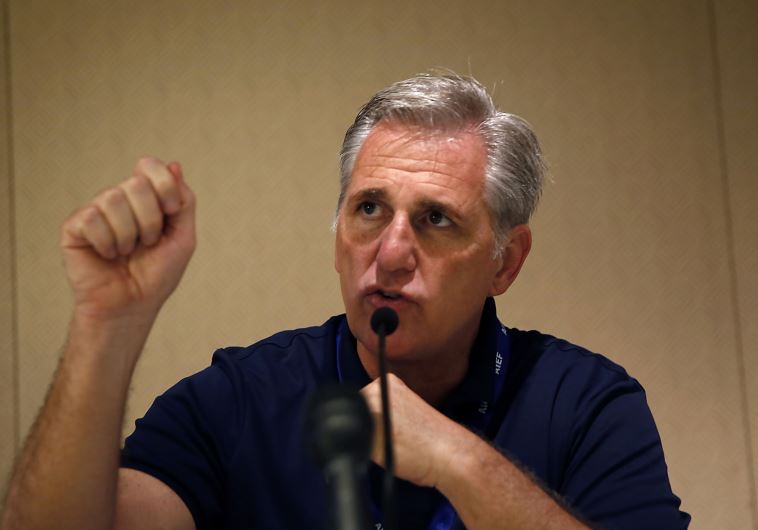 US House of Representatives' majority leader Kevin Owen McCarthy speaks during a meeting at the King David Hotel in Jerusalem on August 13, 2015.
