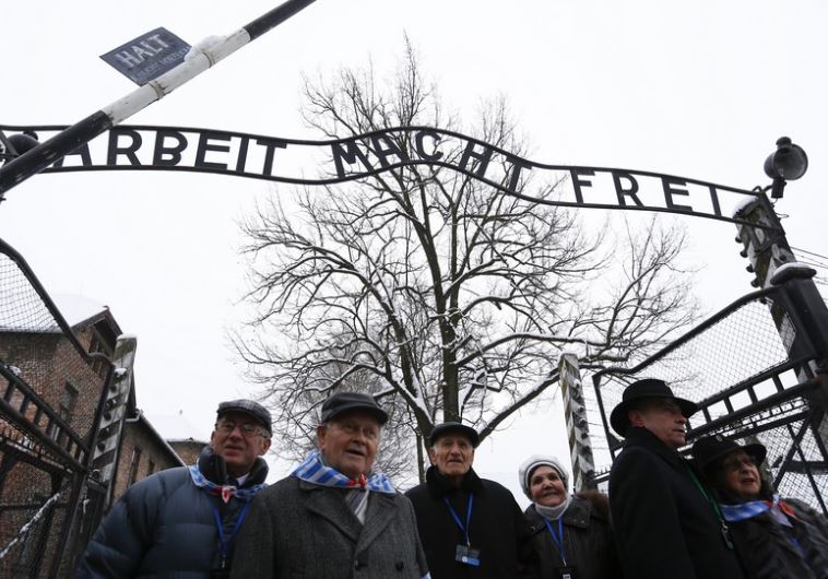Survivors of Auschwitz arrive to the former camp in Oswiecim