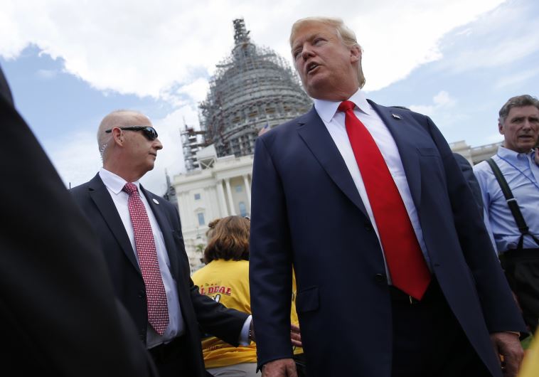 Then-presidential candidate Donald Trump arrives at a Capitol Hill rally to "Stop the Iran Nuclear Deal" in Washington, September 9, 2015