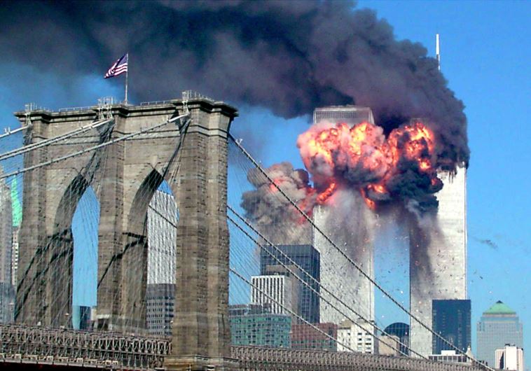 The second tower of the World Trade Center bursts into flames after being hit by a hijacked airplane in New York on September 11, 2001.