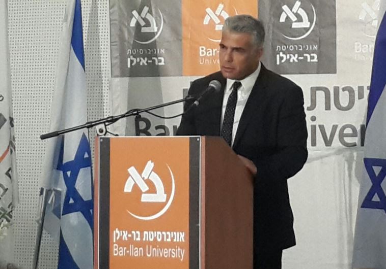 Yesh Atid chairman Yair Lapid speaks at Bar-Ilan University