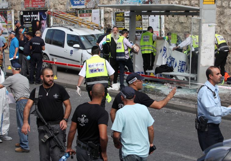 Scene of the ramming and stabbing attack in the ultra-Orthodox neighborhood of Guela in Jeruslaem October 13, 2015