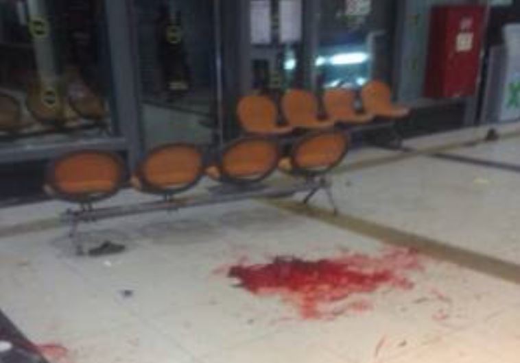 Blood at the scene where terrorist was shot at the Beersheba central bus station on October 18, 2015