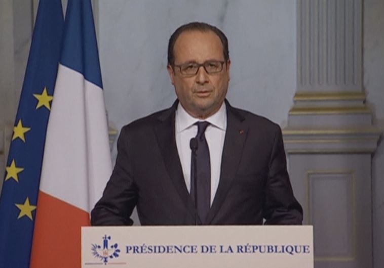 French President Francois Hollande makes a statement on television following attacks in Paris, France, in this still image taken from video on November 13, 2015.