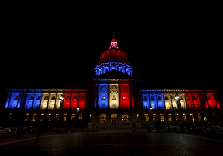 San Francisco City Hall is lit up with blue, white and red, the colors of the French flag, following the Paris terror attacks, in San Francisco, California November 13, 2015. 
