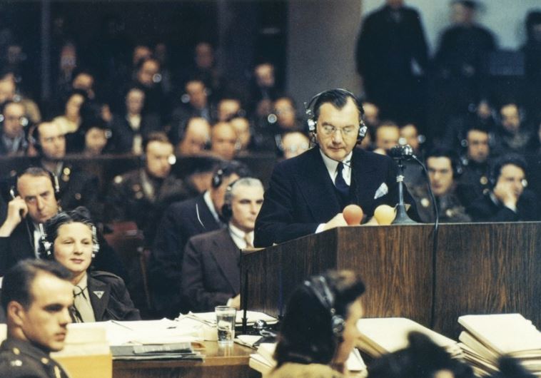 Chief American prosecutor Robert H. Jackson addresses the Nuremberg court on November 20, 1945