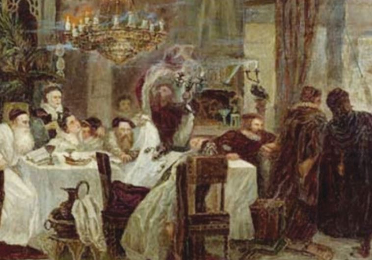 A painting by Moshe Maimon of a Passover Seder held by Marranos, or secret Jews, in Spain during the time of the Inquisition