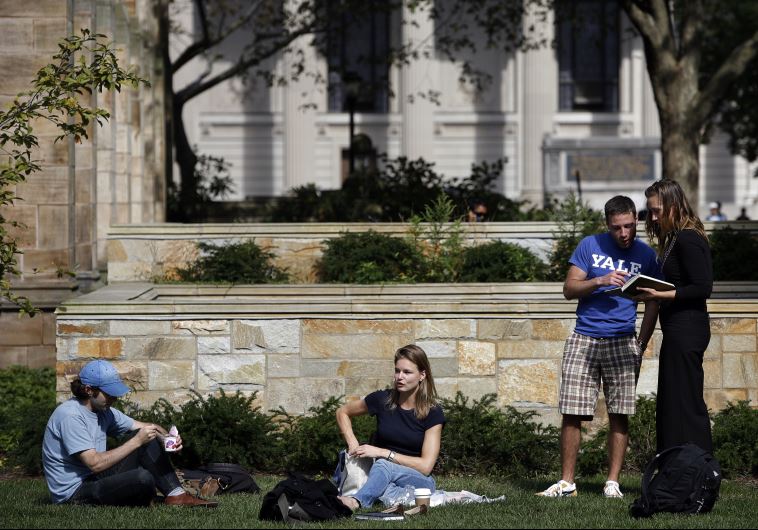 Students gather on the campus of Yale University in New Haven, Connecticut