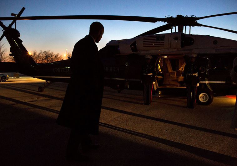 President Barack Obama boards Marine One at the Hope landing zone for departure en route to Chicago O'Hare International Airport
