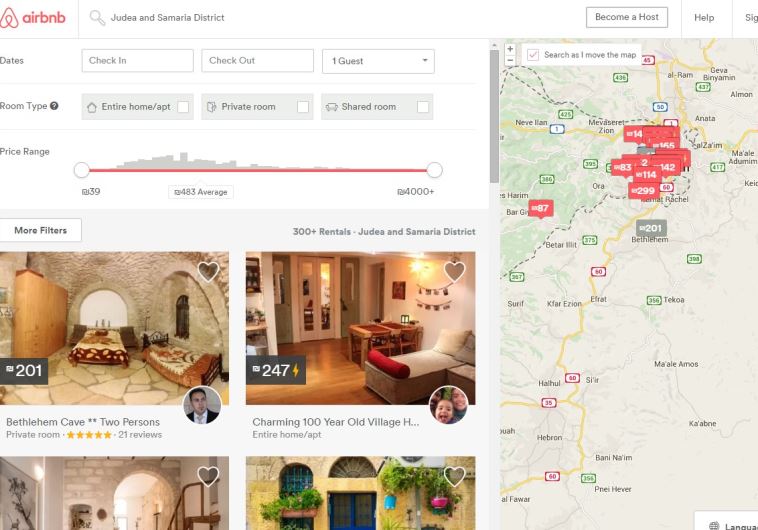 Airbnb listings of homes in the West Bank
