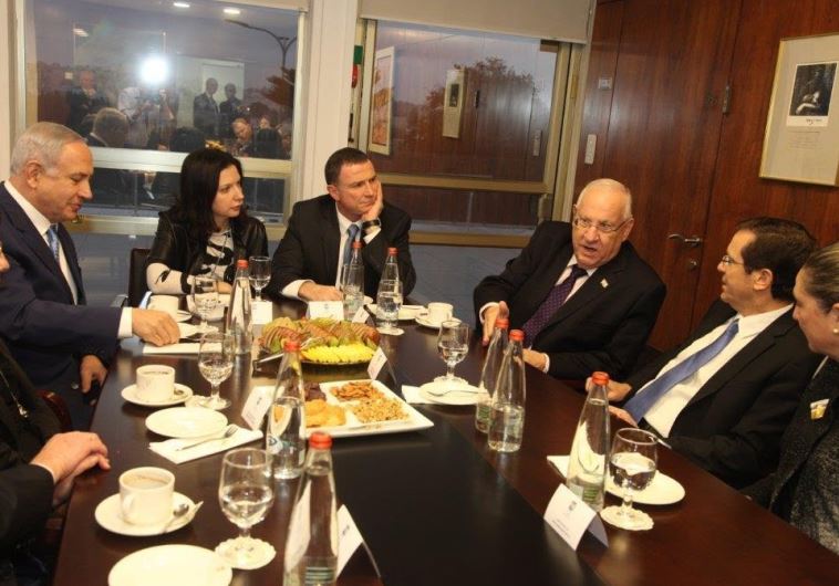 Prime Minister Benjamin Netanyahu, Knesset Speaker Yuli Edelstein, President Reuven Rivlin, Head of the Opposition Isaac Herzog and Tzipi Livni attend the Knessett Open House