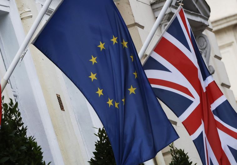 European Union and Union flags fly outside a hotel in London, Britain